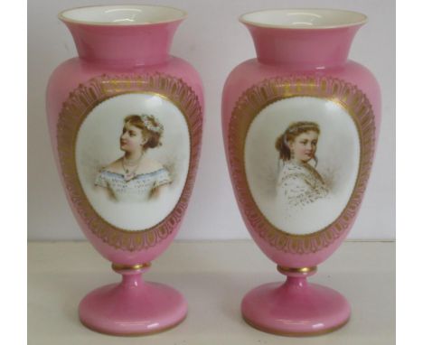 Pair of Victorian vases with pink ground, portrait reserves with gilded surrounds 