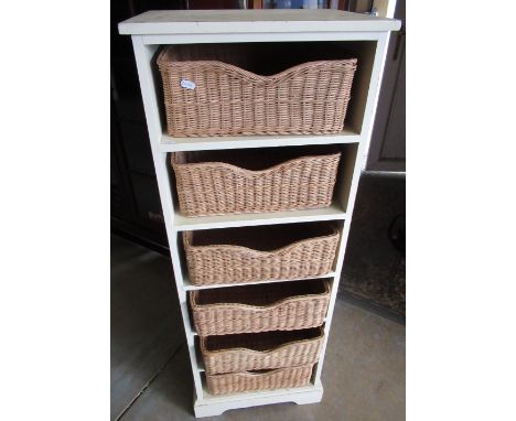 Cream painted six tier shelf unit with slide out wicker baskets 45cm 38cm 12cm 