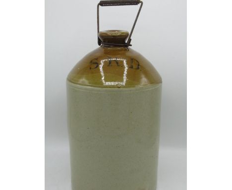 Second World War S.R.D. glazed stoneware rum flagon with wire work handle, manufacturers stamp to base dated 1945 H.33cm 