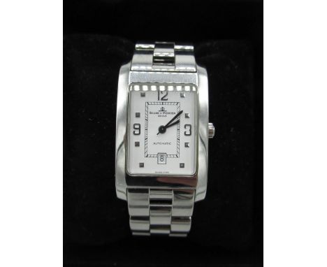 Baume &amp; Mercier automatic wrist watch with date, rectangular stainless steel case on matching integral bracelet, snap on 