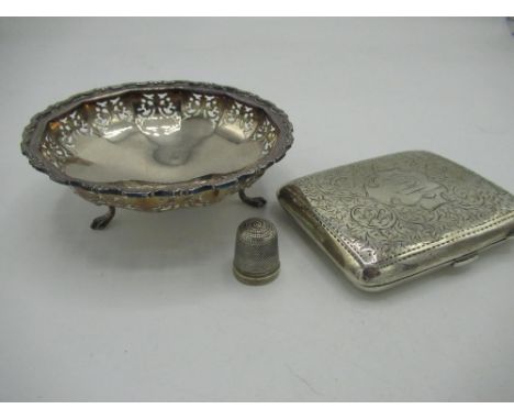 Geo.V silver hallmarked rectangular cigarette case, Birmingham 1917 by John Rose, a Geo.V thimble, Birmingham 1924 by Henry G