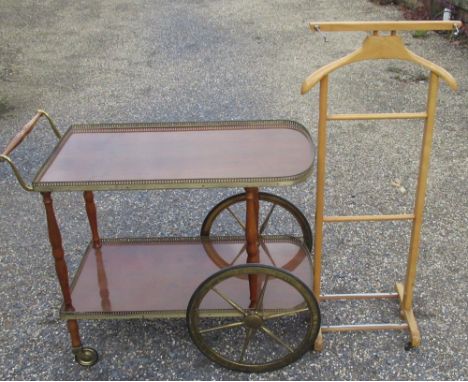 Vintage drinks cart with two brass galleried tiers on metal spoked front wheels W.90cm D.44cm H.76cm and a valet stand H.110c