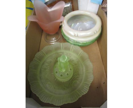 Wall mounted barometer, a green bowl and flower stem vase and a pink opaque glass base, and a iridescent jardinière 