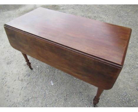 Victorian mahogany Pembroke table, rectangular top with two fall leaves on turned supports and ceramic casters, W112cm D100cm