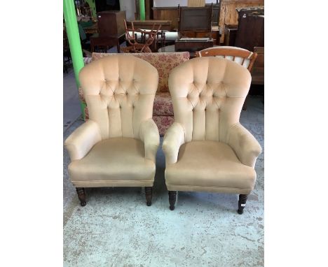 Pair of button back cream velvet Victorian style armchairs, on turned supports (2) 
