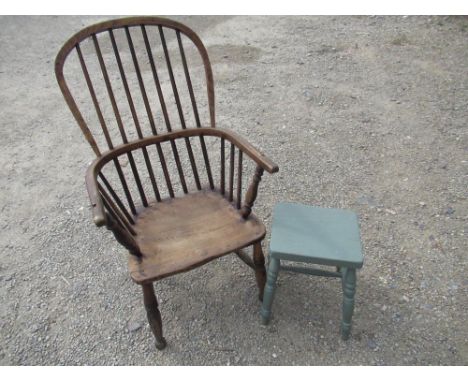 19th C ash and elm stick back Windsor armchair, and a Victorian painted stool with rectangular top on turned supports (2) 