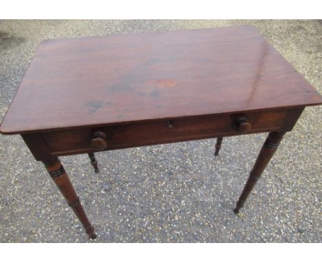 19th C mahogany single drawer side table with over hanging top, on ring turned tapering supports, W76cm H70cm D46cm 