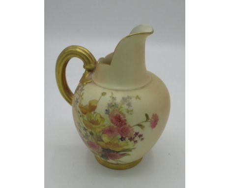Early 20th century Royal Worcester jug, squat baluster form, brush ground with floral decoration, gilt molded scroll handle  