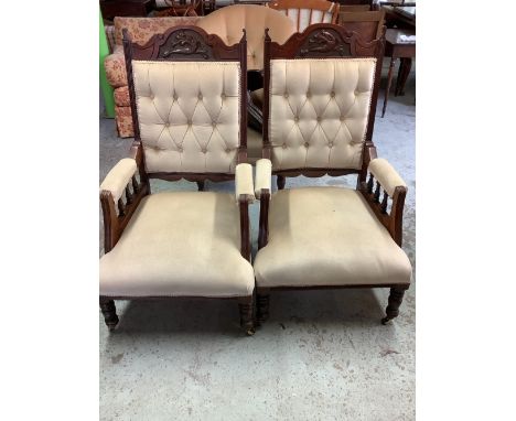 Pair of Edwardian button back cream velvet open armchairs with wood frame and carved top rail, on turned supports (2) 