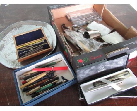 "Teachers Highland Cream" plated tray, Ronson varyfame cigarette lighter silver plated cigarette box pens vintage pens, penci