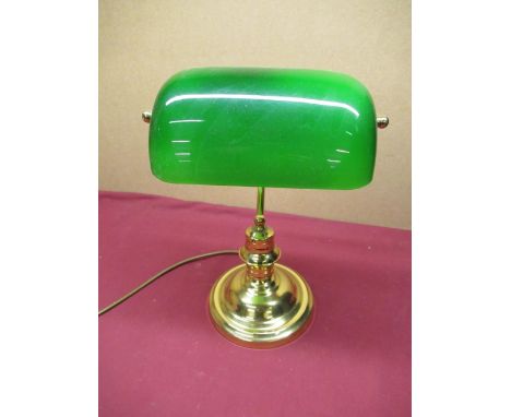 Early 20th C style brass bankers-reading lamp circular moulded base with green adjustable mottled shade 