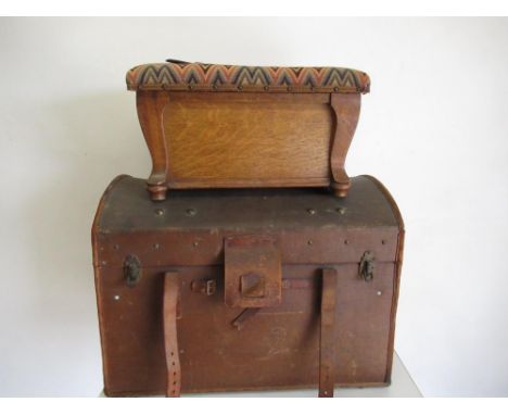 Leather bound canvas dome topped cabin trunk, with brass studded decoration and leather straps and carry handles W70cm D45cm 