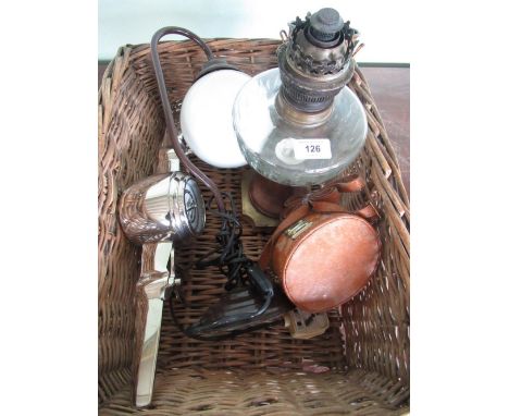 Vintage wicker basket, a Victorian oil lamp with faceted clear glass reservoir, toll ware vase, table lamp and a desk clock i