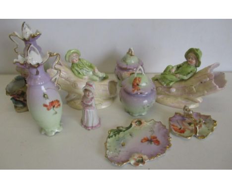 Dressing table set with a pair of scent bottles, ring tray, powder pots and tray (AF) and other porcelain figurines 