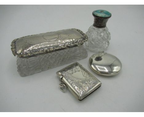 Geo.V Birmingham hallmarked silver - a scent bottle with enamel top 1920 (A/F), sml. vesta 1926, compact 1916 and a dressing 