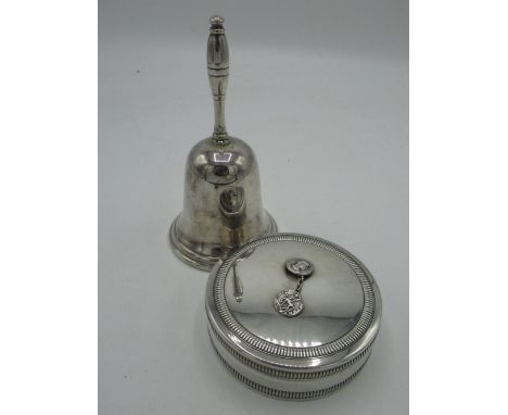 Christian Dior white metal lidded circular ring box with red velvet interior and an EPNS table bell retailed by Harrods barin