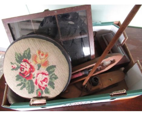 Victorian rosewood two division sarcophagus tea caddy, shop counter cigar display, Victorian footstool with circular needlewo