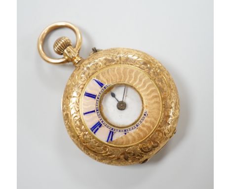 An 18k and enamel half hunter fob watch, 31mm, with metal dust cover, gross weight 24.3 grams (a.f.).