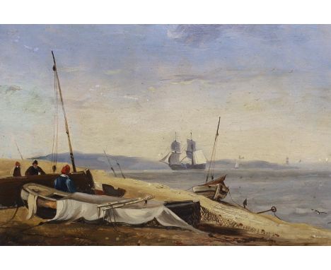 Henry Bright (1810-1873) oil on panel, coastal scene, 12 x 14.5cm, inscribed ownership label verso
