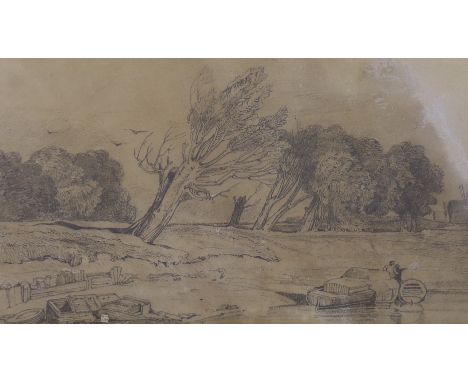 Attributed to John Sell Cottman (1782-1842), pencil sketch, 'River scene with figures and boats', 15.5 x 27.5 cm