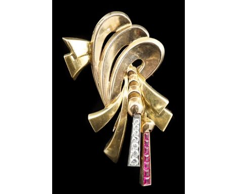 A 1940's gold, diamond and synthetic? ruby cluster set double drop scroll clip brooch, the two drops set with graduated stone