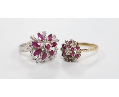 Two modern 9ct gold and gem set cluster dress rings including ruby and diamond, size N, gross weight 7.8 grams.
