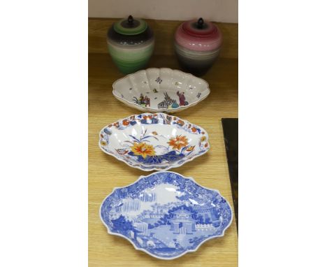 Two early 19th century pearlware lozenge dishes, a Royal Worcester dish and two Wedgwood jars and covers, blue and white dish