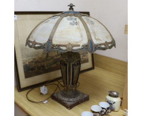An early 20th century American ‘Miller &amp; Co’ painted spelter and opaque glass table lamp, 55cms high