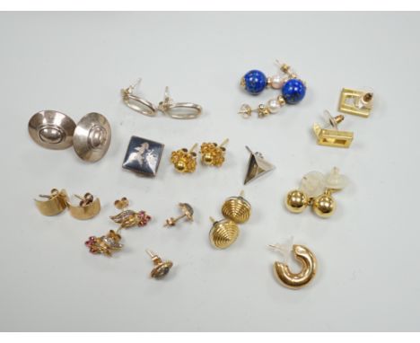 A modern pair of 9ct gold, gold, ruby and diamond earrings, boxed and nine other assorted pairs of earrings and two odd earri