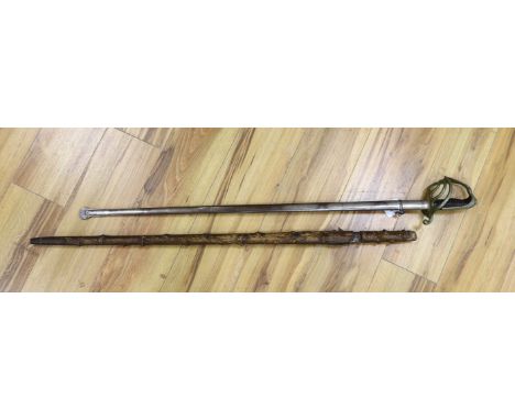 A late 19th century dress sword, 87cm blade, and a bamboo-effect sword stick