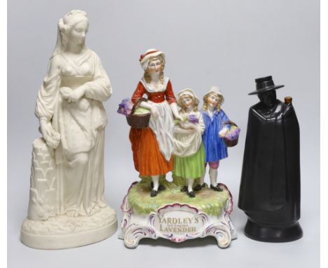 A Royal Doulton for Sandemans figural port bottle, a Dresden porcelain Yardleys Old English Lavender group and a Victorian pa