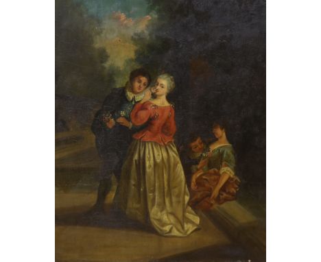 After Watteau, oil on panel, courting couples, 46 x 38 cm