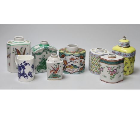 A group of seven floral Continental tea canisters (one with cover) and a Worcester style bone china mug, the largest 15.5cm h