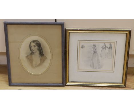 Frederick Wilhelm Keyl (1823-1871 - ‘’Three women standing drawing’’, a pencil sketch, 14 x 16cm and Frank Holl RA (1845-1888