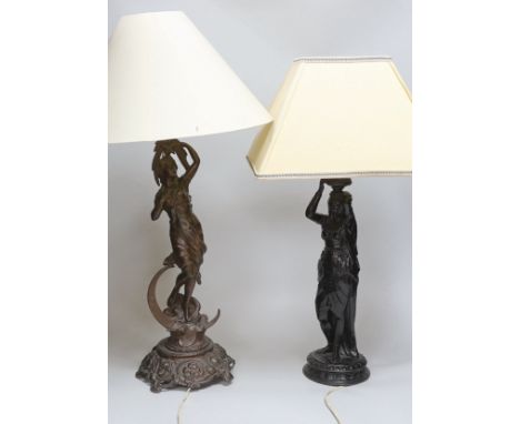 An Art Nouveau spelter figural table lamp and one other, each with shades, the largest 64cm high