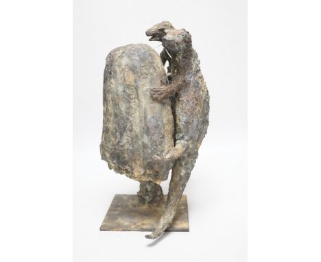 A patinated bronze, two lizards scaling a rock, raised on a square base, monogrammed SMV and dated 1992 to the base, 40cm hig