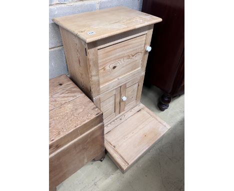 A Victorian pine prie dieu cabinet, width 50cm, depth 61cm, height 87cm, together with a Victorian pine commode