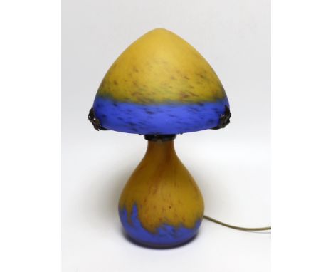 A French La Rochere glass mushroom table lamp, inscribed to the base, 33cm high