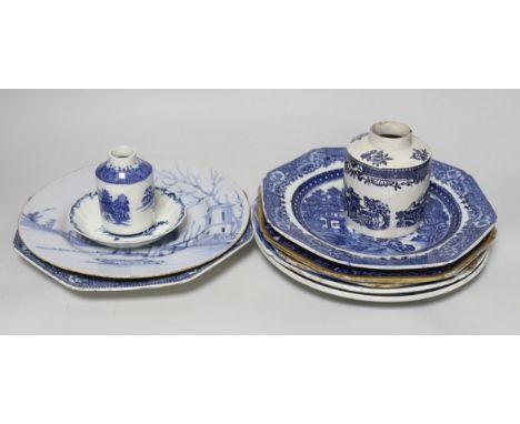 A collection of pearlware blue and white plates and two tea canisters, c.1790-1810, A Worcester Hollow Rock pattern saucer an
