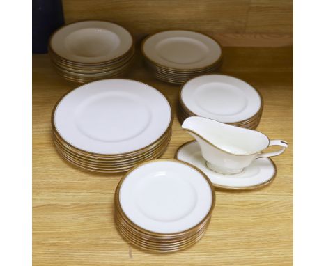 Royal Worcester Chancellor porcelain dinner service including side plates, soup bowls and sauce boat, the largest each 27.5cm