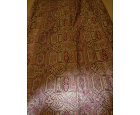 Two pairs of Laura Ashley tapestry weave interlined curtains in burgundy and gold colour way with pencil pleat tape heading, 