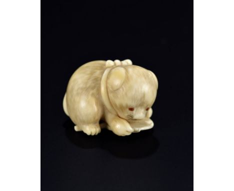 Netsuke en ivoire représentant un ourson sur un miroir ,signé Masatsugu Kaiyokusai (1813 - 1892), Osaka-Fu, Japon, époque Mei