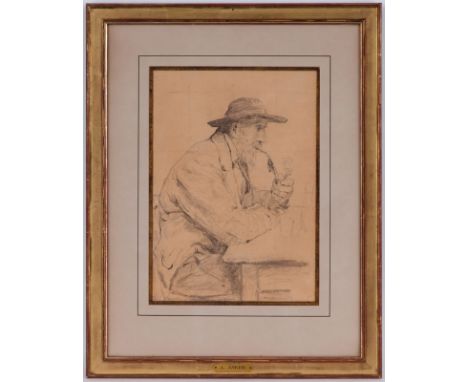 Albert Anker (1831-1910), Vieil homme à la pipe attablé et ,Vieil homme à la pipe lisant le journal, fusain sur papier, dessi