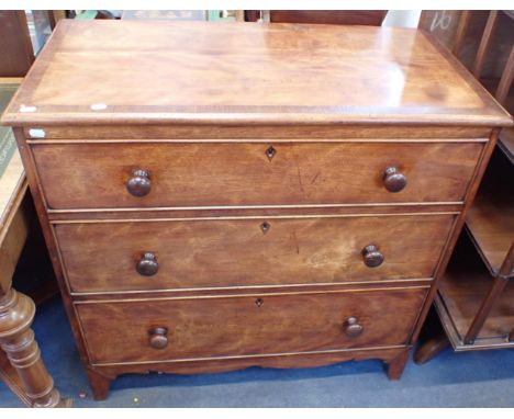 A 19th CENTURY MAHOGANY CHEST OF THREE DRAWERSwith crossbanded top and turned knobs, on bracket feet 92cm wide