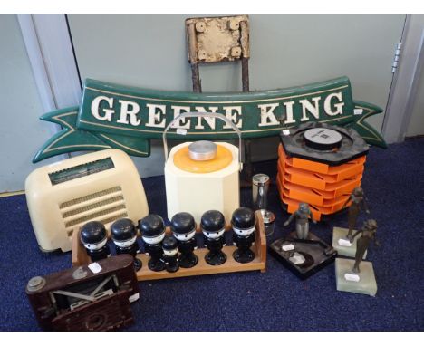 AN ART DECO KOLTER-BRANDES Ltd WIRELESSa Greene King sign, a retro ice bucket with 'Sparklets' holder, a 'cass-bar' cassette 