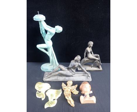 TWO ART DECO PLASTER FIGURINESwith crackle finish, a similar figural lamp base (a/f), and other decorative plaster items (7)