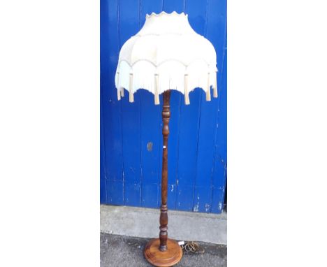 A BEECHWOOD STANDARD LAMP WITH DEEP FRINGED SHADEin Edwardian style (untested)