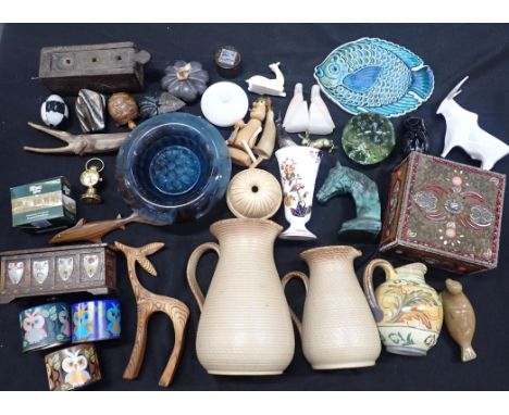 A SYLVAC STRING POT, 1970s TIN MONEY BOXES(from Bristow's fruit drops), a 1930s glass flower bowl , a large glass bubbled pap