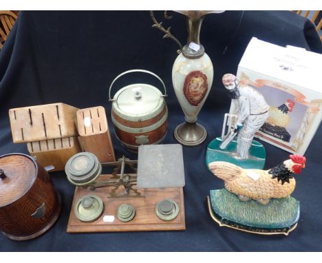 A POSTAL SCALE, WITH WEIGHTStwo reproduction cast iron door stops, two oak biscuit barrels, and other items
