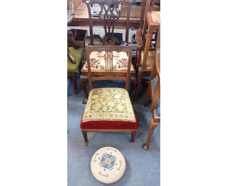 A GEORGE III STYLE MAHOGANY DINING CHAIRwith Chippendale style back, an Edwardian low chair with 'carpet' seat, and a small f